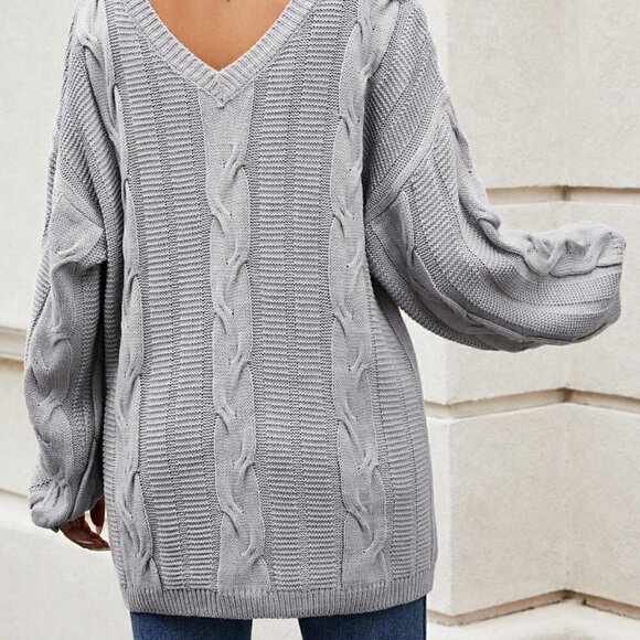Grey Casual Womens Cable Knit Drop Shoulder V Neck Sweater - Picture 2 of 5
